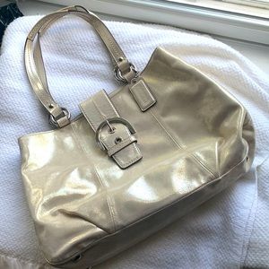 Coach handbag, gold sheen fabric, silver hardware
